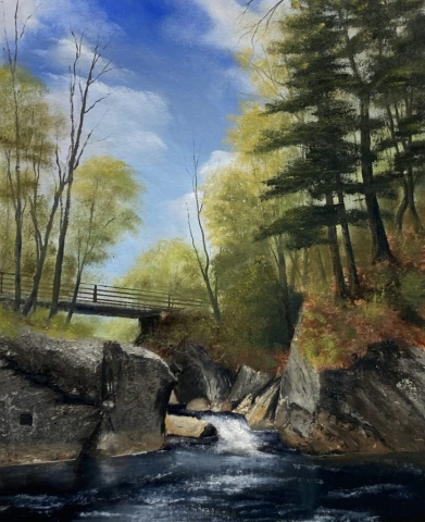 "Readsboro Falls," oil on board, 20x16": $800