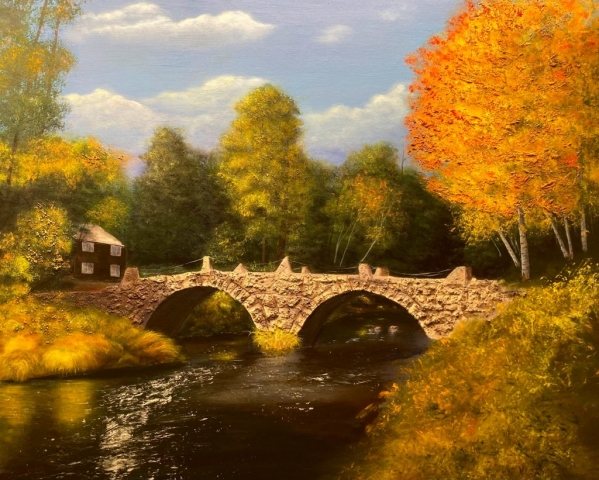"Fall Bridge," oil on stretched canvas, 24x30": $1,800