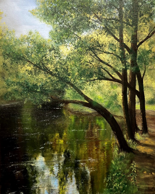 "Cedar River, Millis, MA," oil on stretched canvas, 20x16": $700